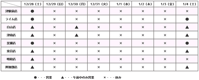 年末年始営業のお知らせ