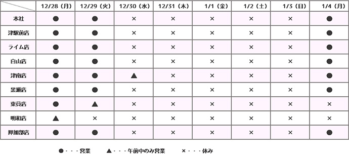 年末年始営業のお知らせ