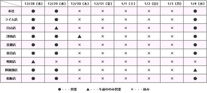 年末年始営業のお知らせ