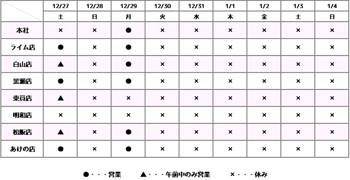 年末年始営業のお知らせ